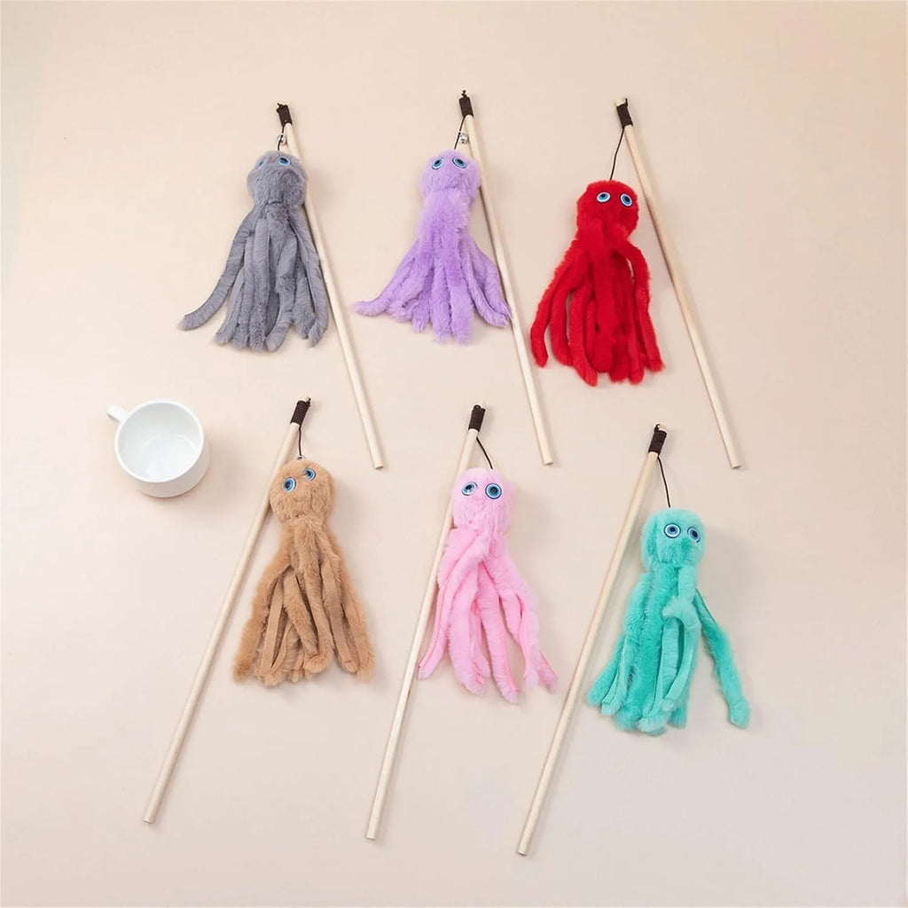 Octopus design cat toy with long stick wand for indoor kitten play in multiple colour options