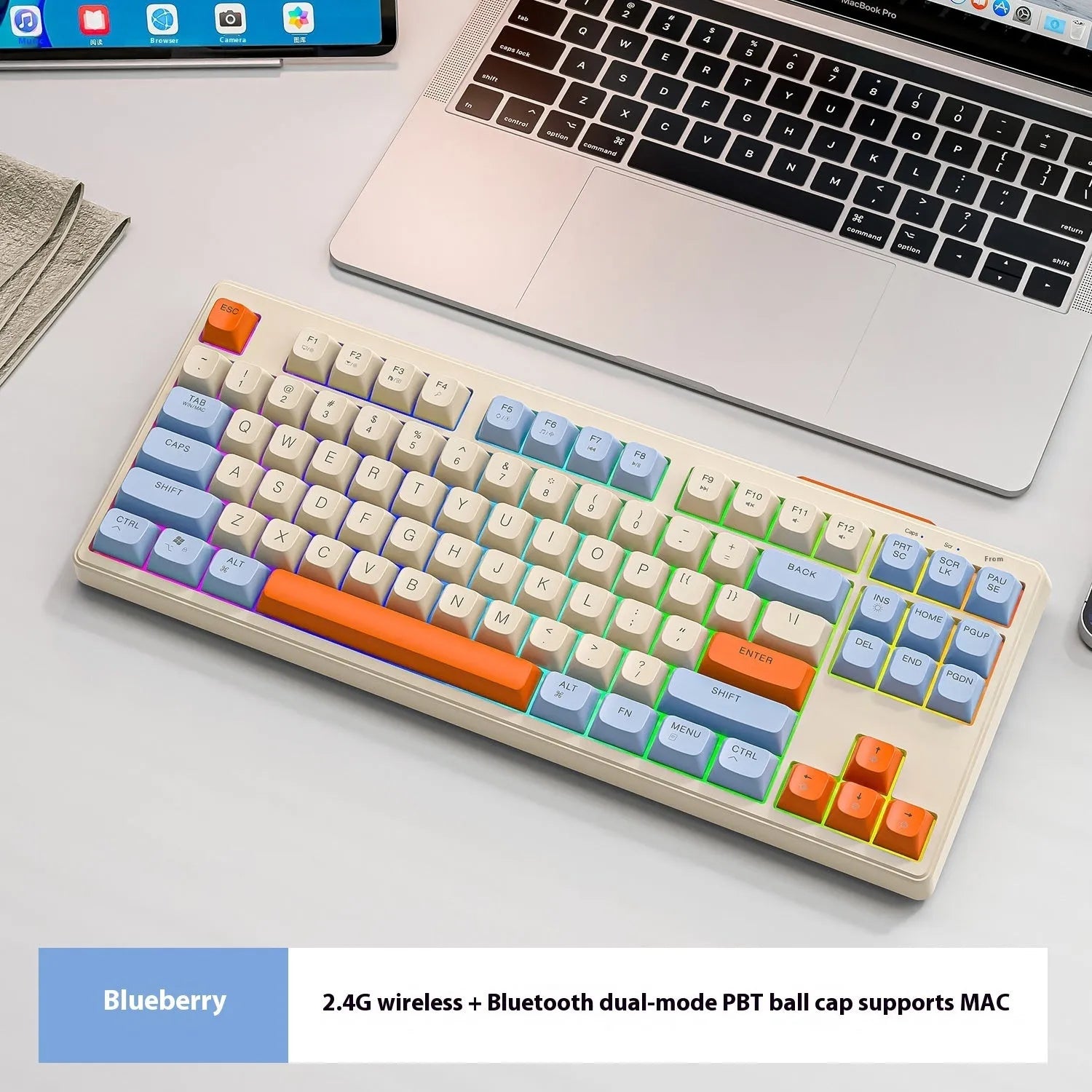 Wireless Bluetooth dual-mode mechanical keyboard with 87 keys in blueberry colour showing hot-swappable switches