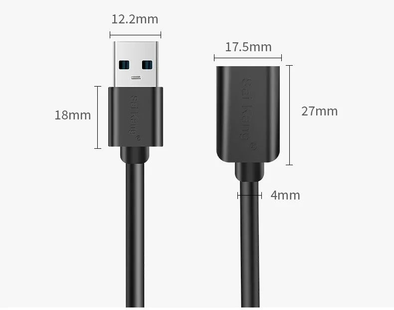 Black USB male to female extension cable showing connector details, available in various lengths.