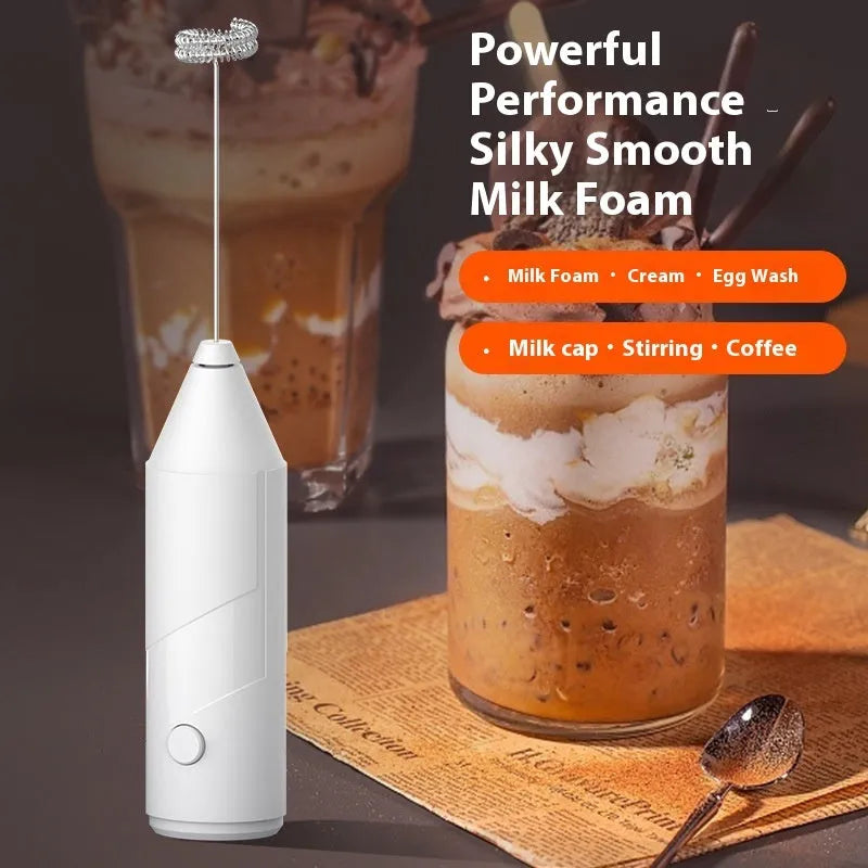 Mini handheld USB rechargeable milk frother in black, white, and khaki colour options