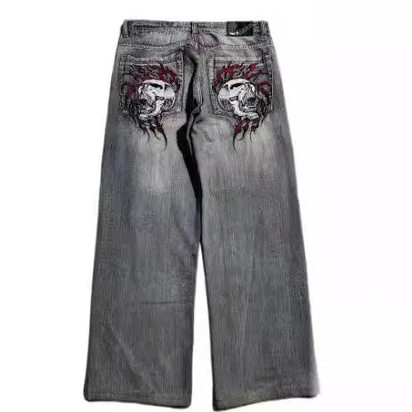 Men's grey washed-out jeans with wide-leg workwear design and straight-cut silhouette
