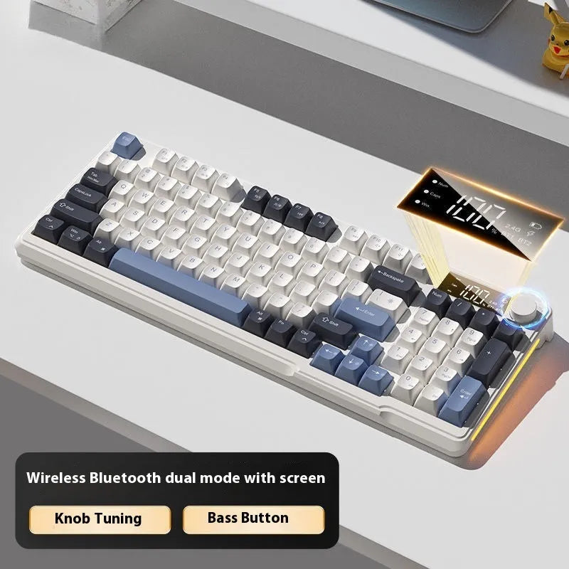 Blue and white wireless mechanical keyboard and mouse set on a desk, showing Type-C cable.