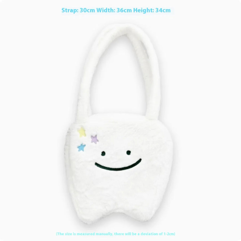 White plush large tooth shoulder tote bag with crossbody strap and zipper closure