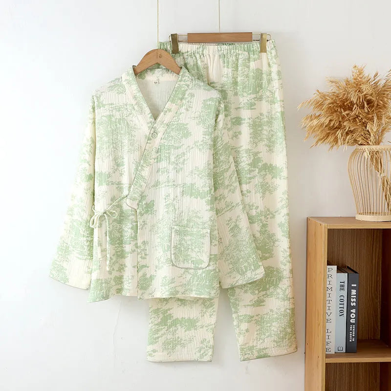 Women's cotton gauze lounge suit set with top and trousers in frosted pine tree colour