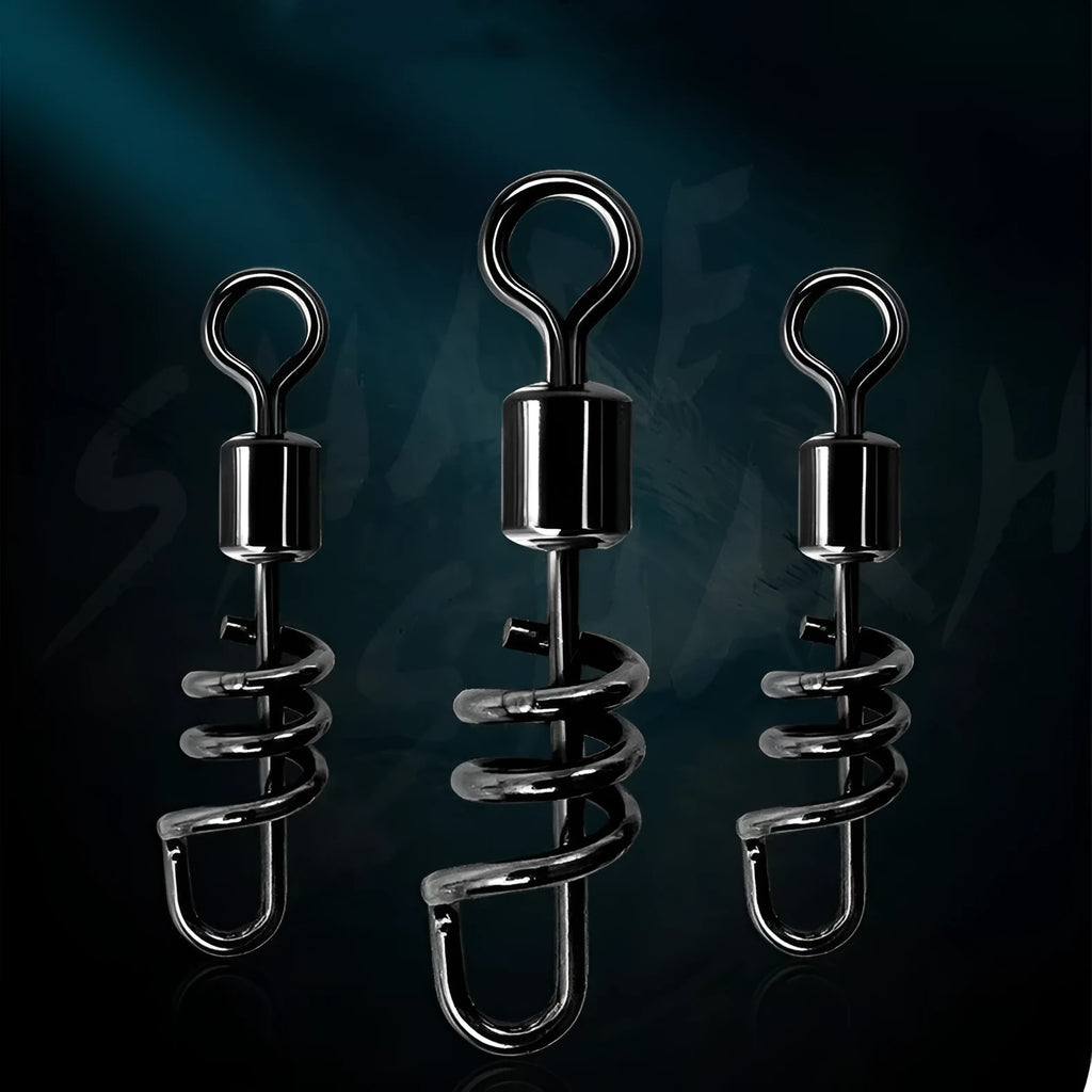 Stainless steel and copper fishing swivel connector with 8-shaped ring in seven colour-coded sizes.