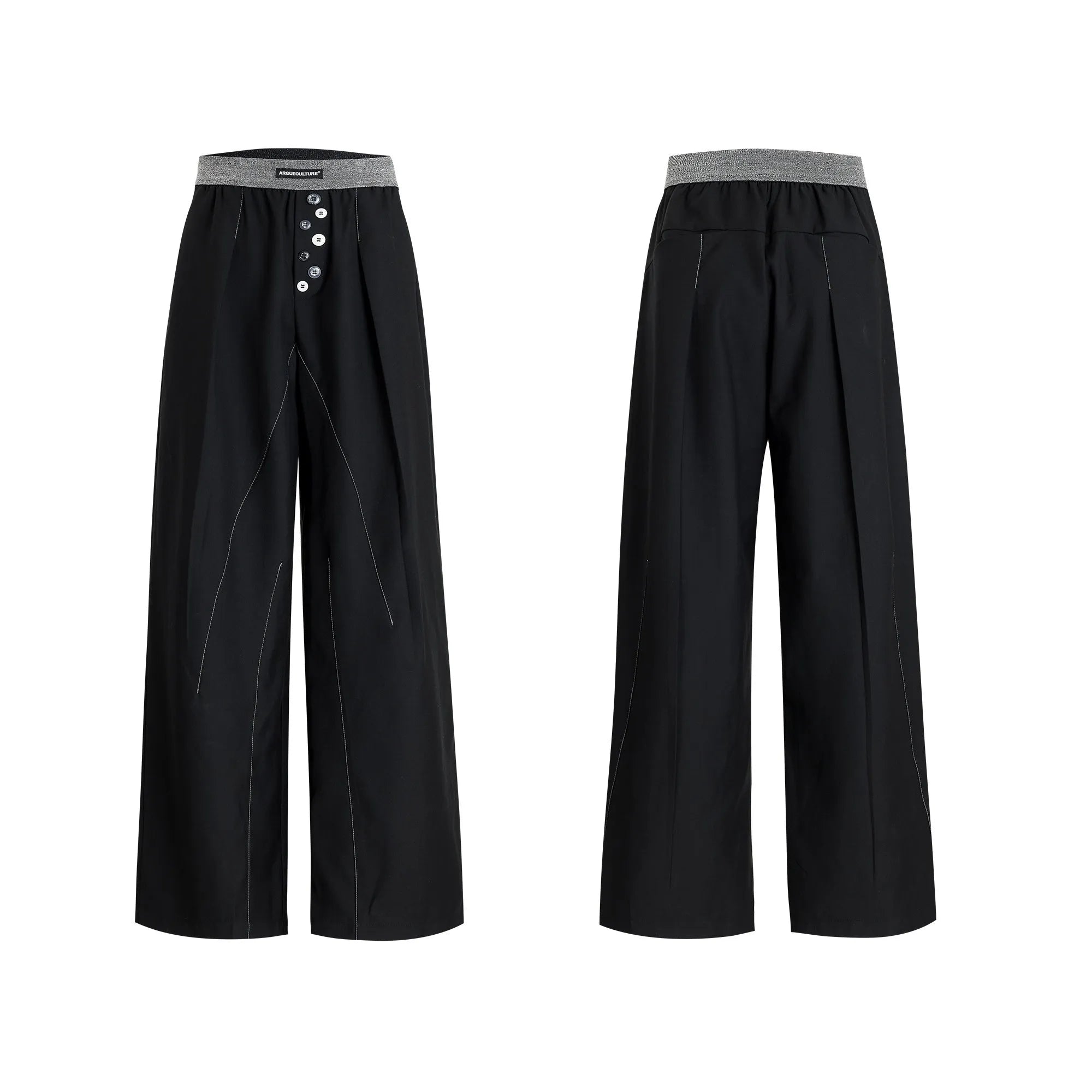 Men's grey straight-leg high-waisted trousers with a button-fly opening on a neutral background.