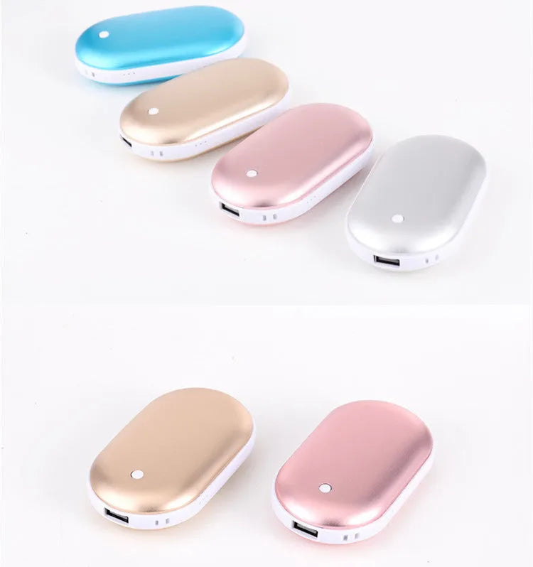 Rechargeable mini hand warmer and power bank in rose gold, local gold, or digital display colours