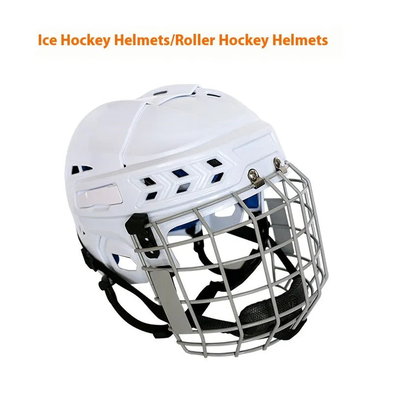 Ice hockey helmet with a carbon steel face mask, showing a black polypropylene shell and cushioned interior.