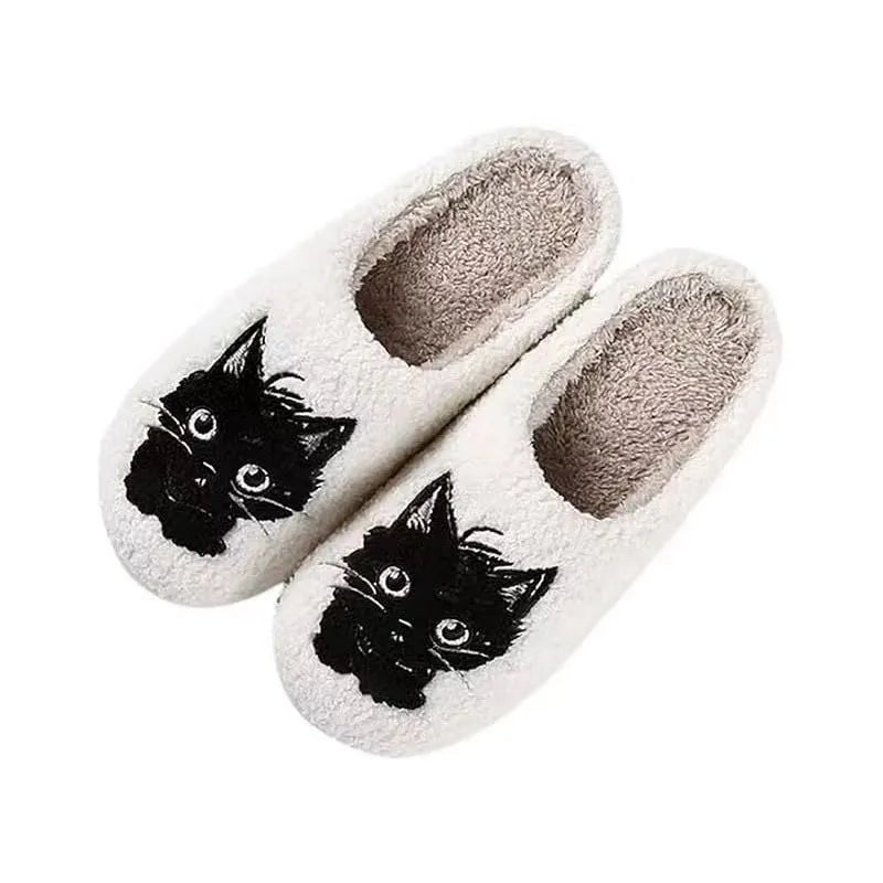 White plush slippers with Black Beard cat cartoon design for couples, showing non-slip sole.