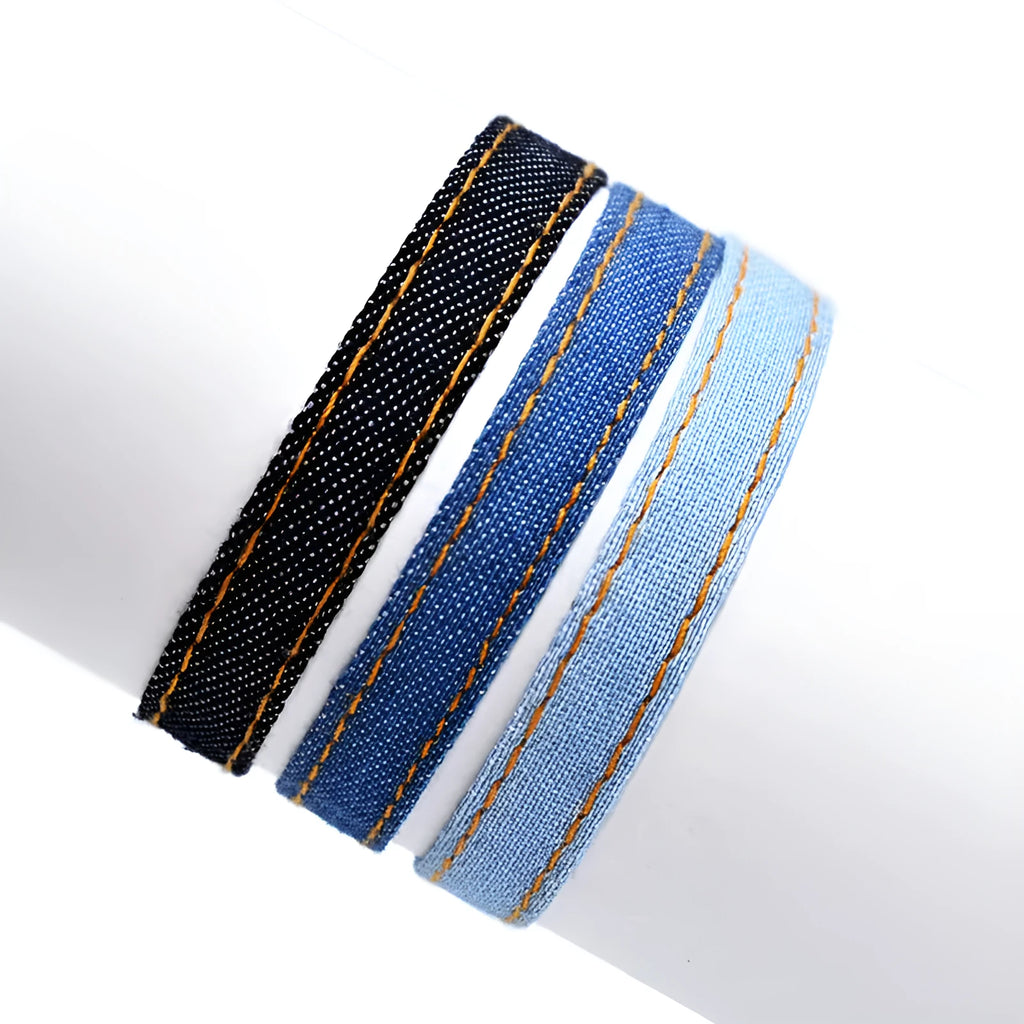 Adjustable denim fabric bracelet in various YYR colours with mixed material construction