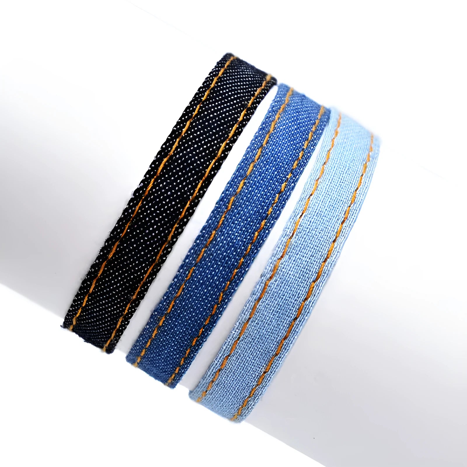 Adjustable denim fabric bracelet in various YYR colours with mixed material construction