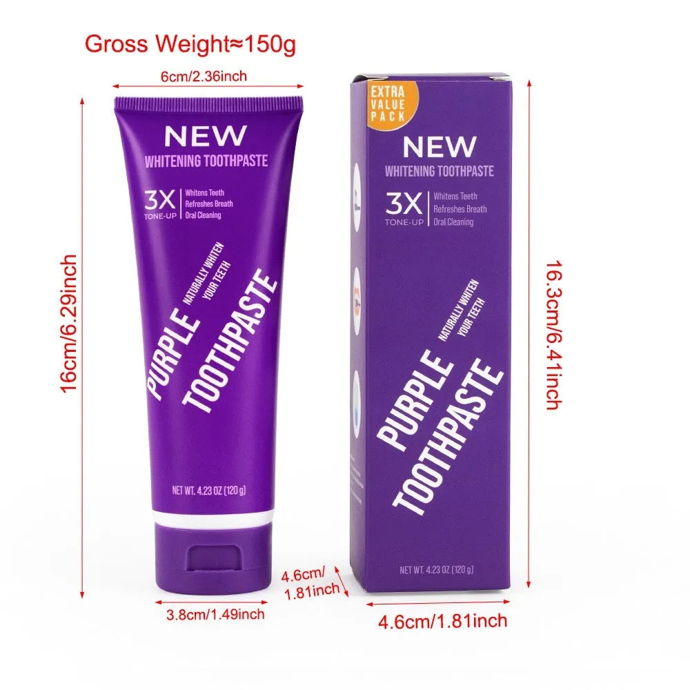 Purple whitening toothpaste tube for adults in 120g and 65g sizes