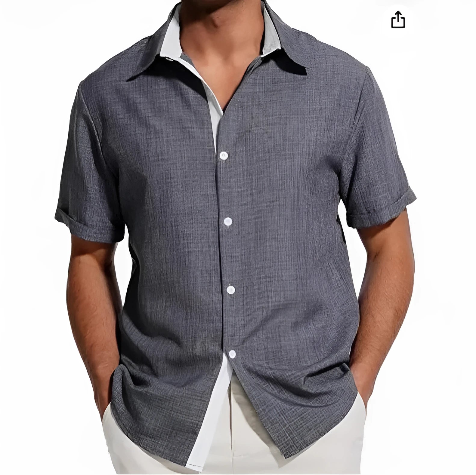 Men's grey short-sleeved shirt with floral print pattern, cardigan style.