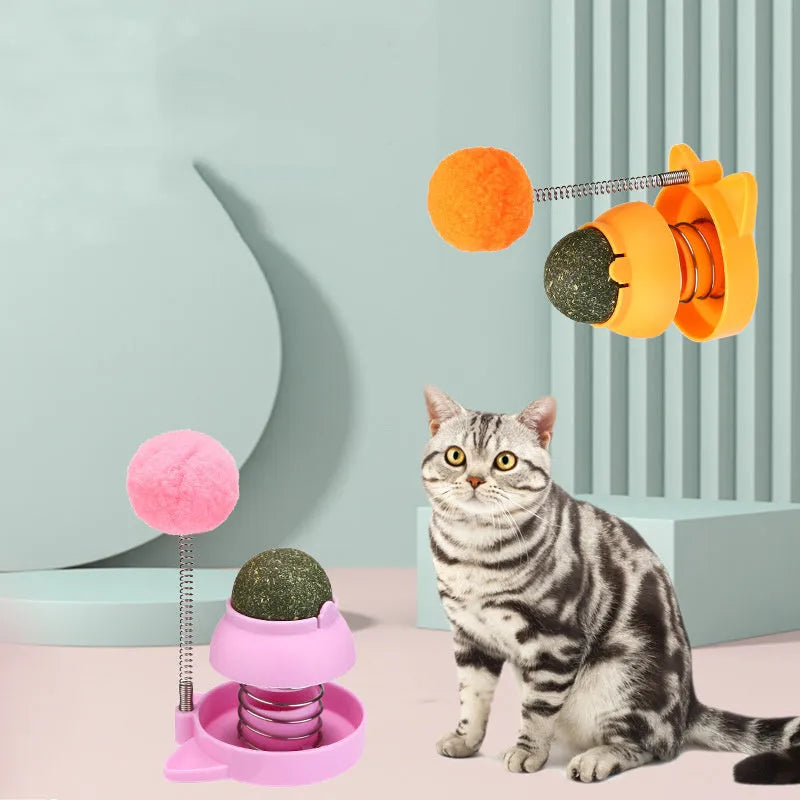 Lucky cat licking mint ball cat toy in blue, orange, and pink colours measuring 55mm diameter