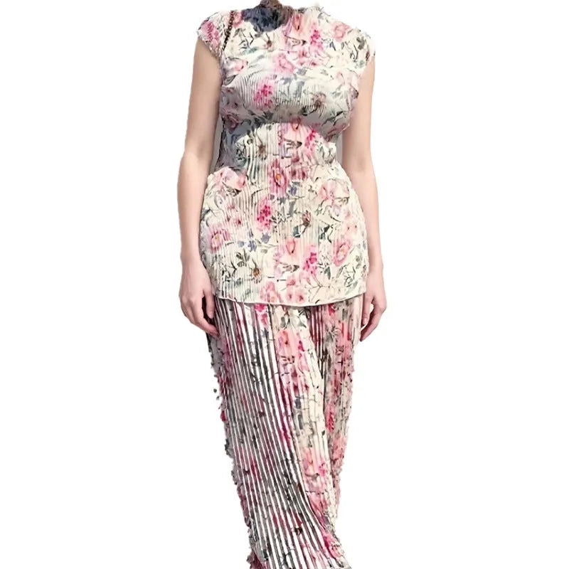Women's long sleeve printed chiffon two-piece dress with high waist, shown in picture colour.
