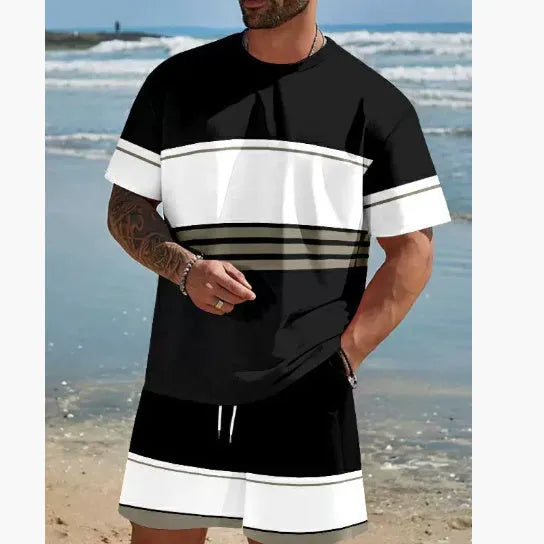 Men's loose-fit summer lounge suit set showing short-sleeved t-shirt and matching shorts in polyester fabric