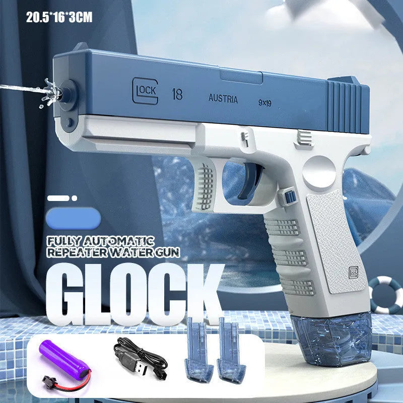 Blue electric water gun with automatic water absorption and USB charging cable