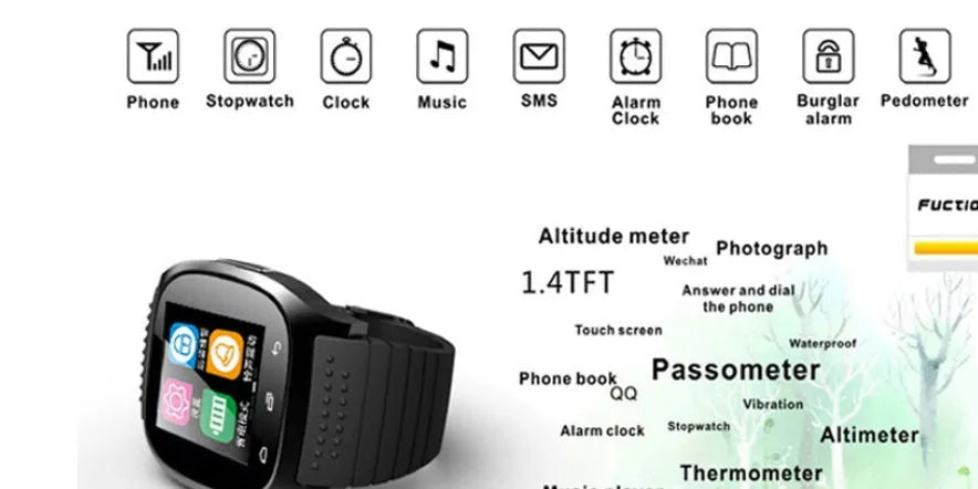 Smart Bluetooth sports watch in black, white, and blue colours compatible with iOS and Android