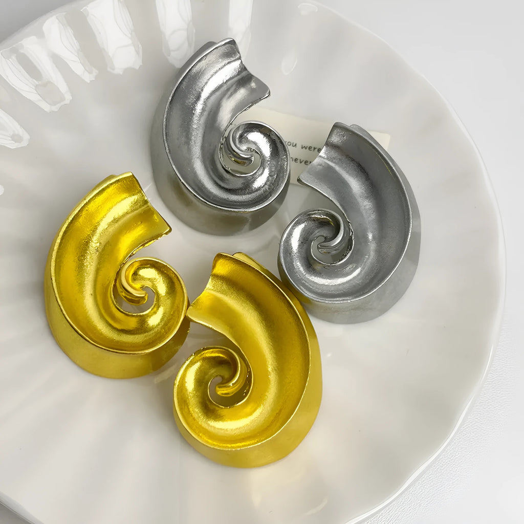 Geometric retro ear studs in gold and silver electroplated alloy, approximately 5cm size with stud fastening