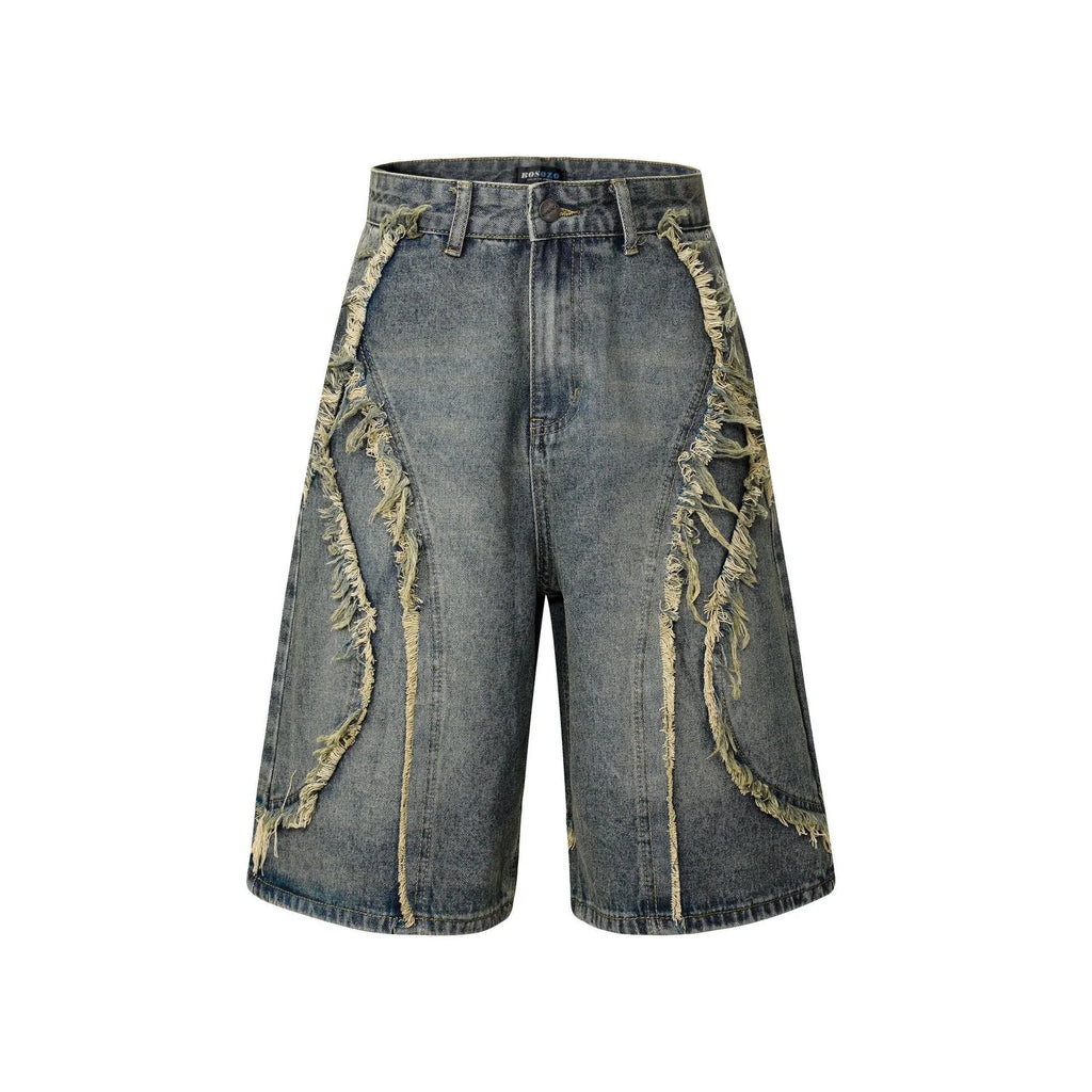 Men's distressed denim shorts with raw edge detailing in straight leg cropped silhouette