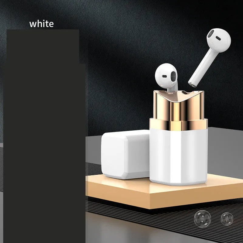 Lipstick-shaped charging case with pink wireless Bluetooth in-ear earphones