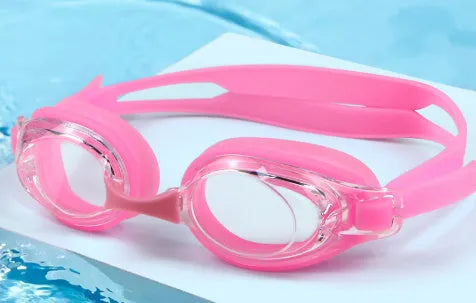 Black swimming goggles with prescription lenses and a matching case, alongside plain blue swimming goggles.