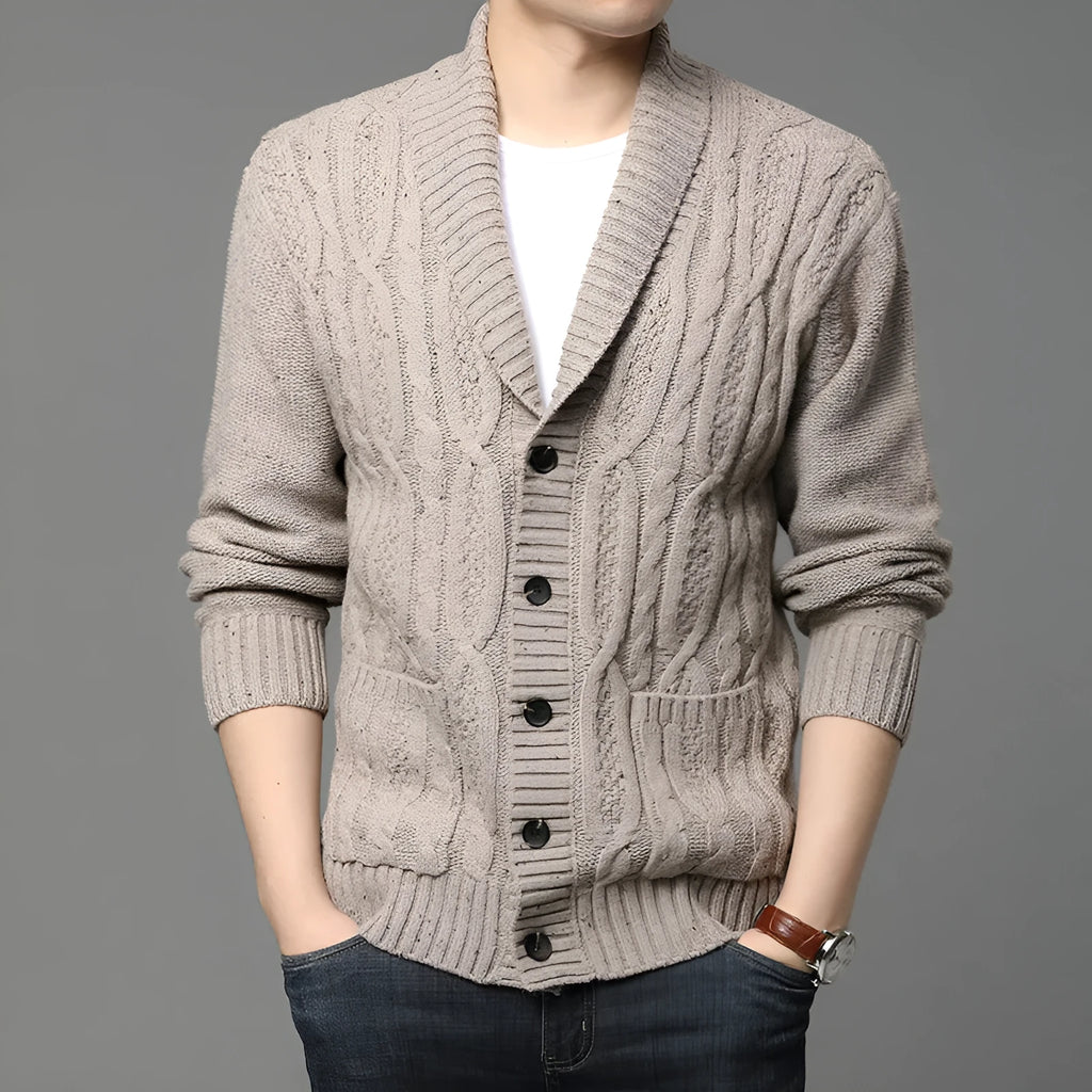 Man wearing a grey Korean style jacquard patterned knitted cardigan jacket.