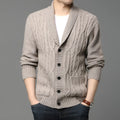 Man wearing a grey Korean style jacquard patterned knitted cardigan jacket.