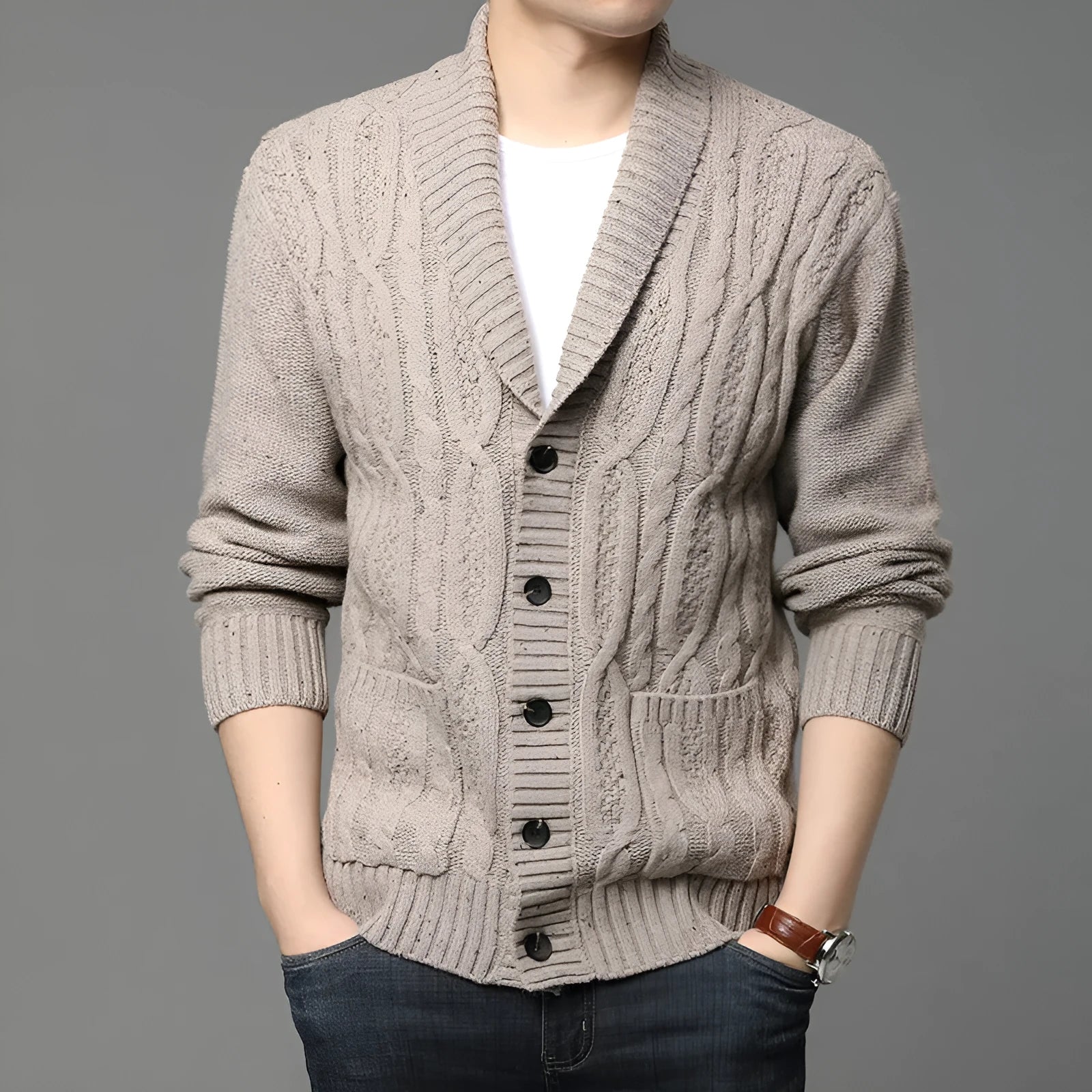 Man wearing a grey Korean style jacquard patterned knitted cardigan jacket.