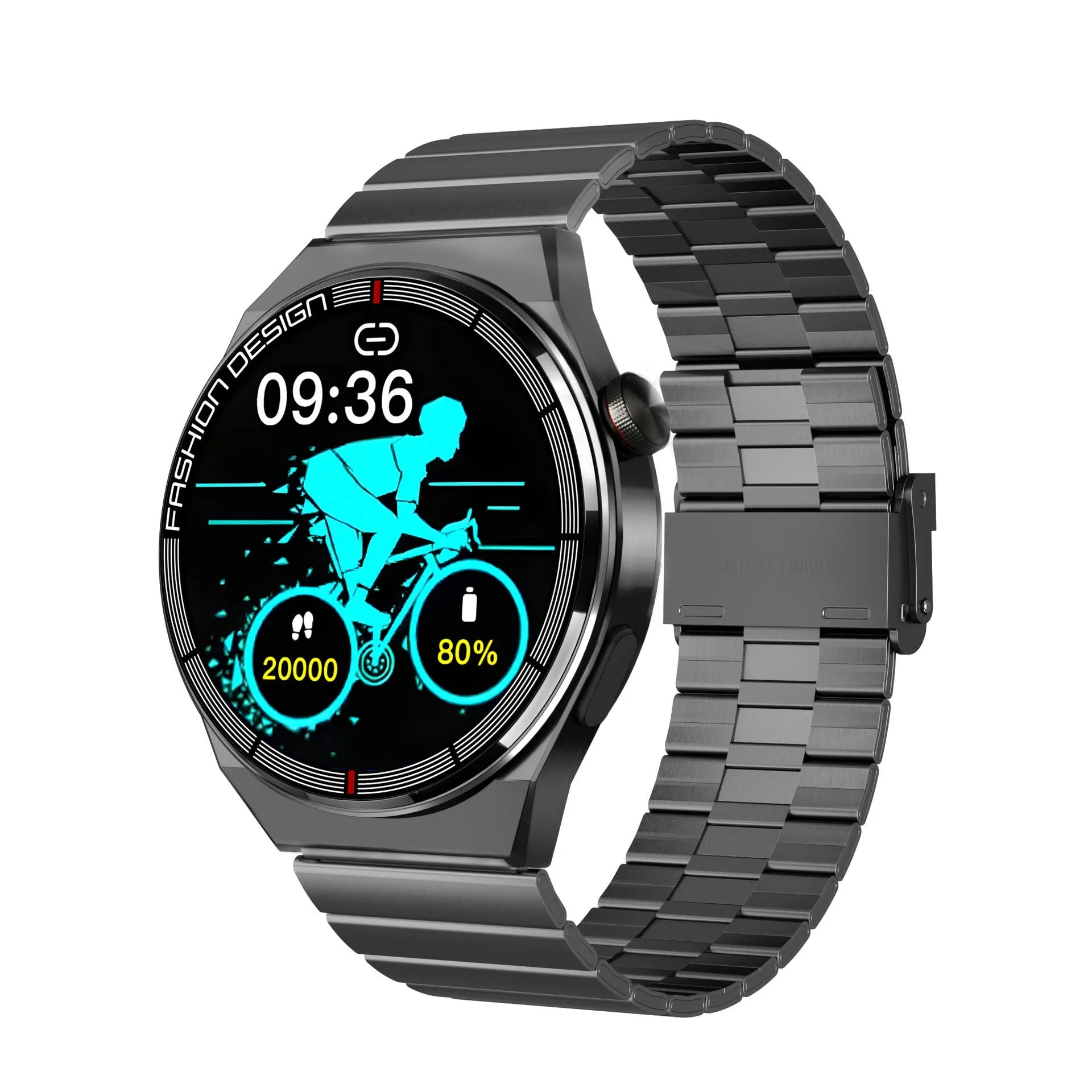Black smartwatch with 1.28 inch screen showing heart rate and step count data on a silicone strap