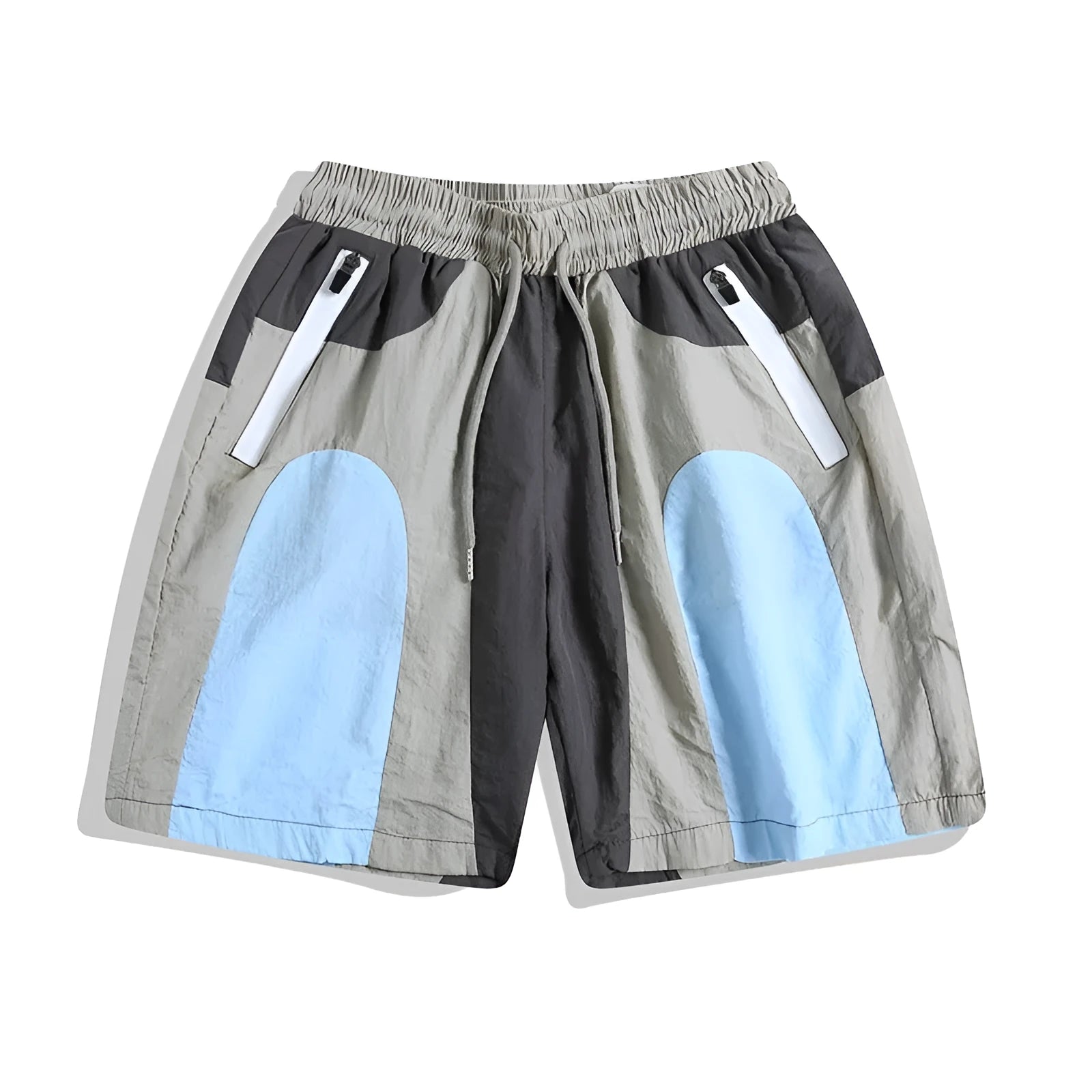 Blue men's patchwork loose-fit quick-drying shorts laid flat, showing straight-leg cut and tether fly.