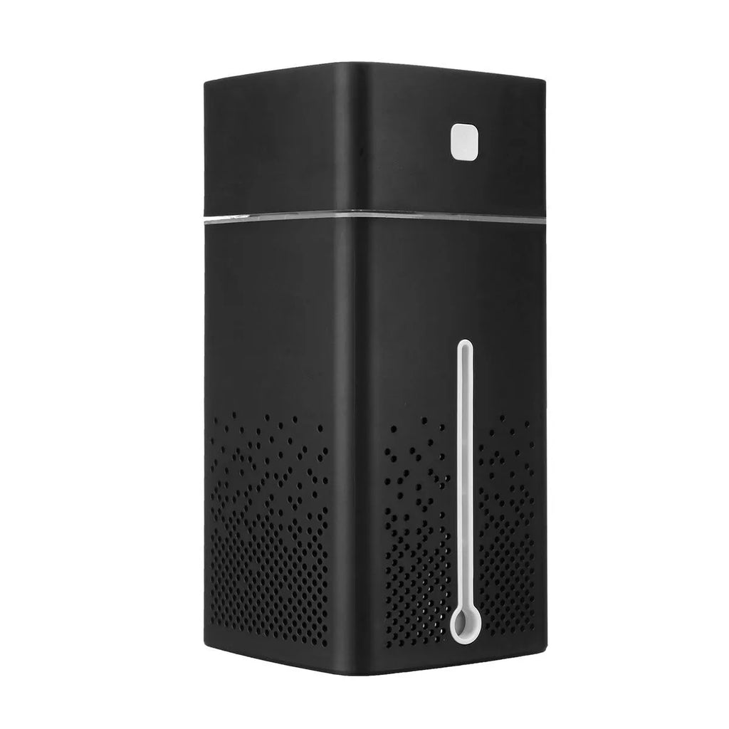 Black or white desktop humidifier with USB cable, 1000ml water tank, dimensions 103mm x 103mm x 218mm.