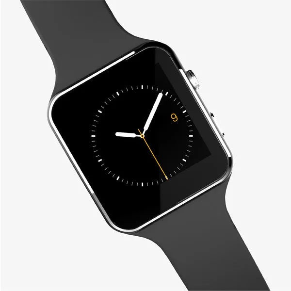 Black smart watch with 1.54 inch display on a silicone strap, showing a watch face and fitness data.