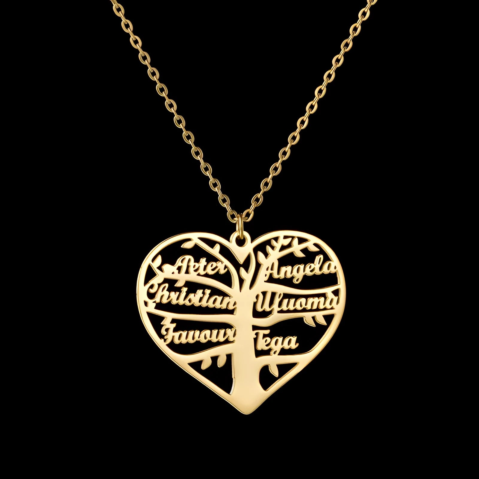 Personalised stainless steel necklace with engraved names on a heart and tree pendant in silver, gold, or rose gold.