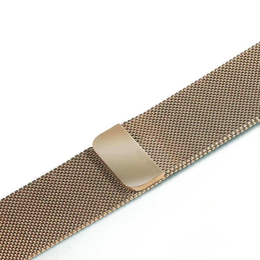 Stainless steel watch replacement strap in silver on a grey background showing adjustable links and buckle.