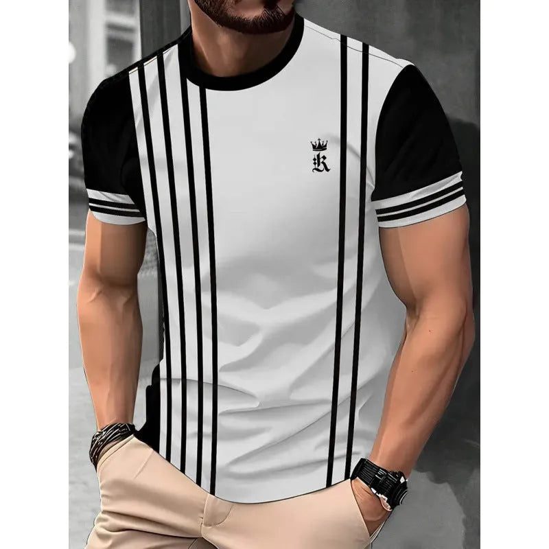 Men's short-sleeved striped t-shirt with digital 3D printing in loose business casual fit