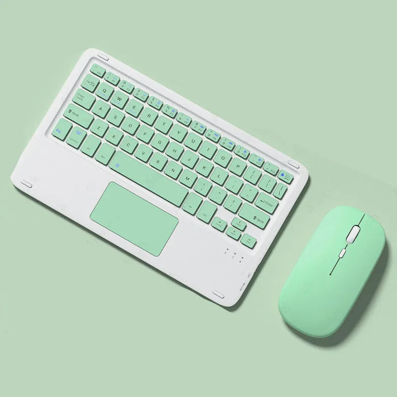 Mute wireless mouse and touch keyboard set in pink green black and white with USB Bluetooth dual-mode for tablets