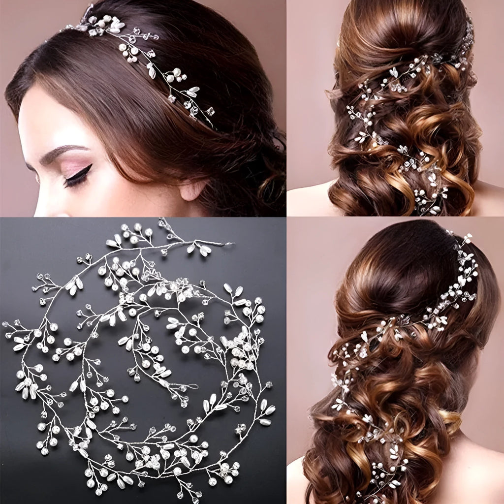 Bridal pearl hair band in silver, gold KC and rose gold colours with three length options