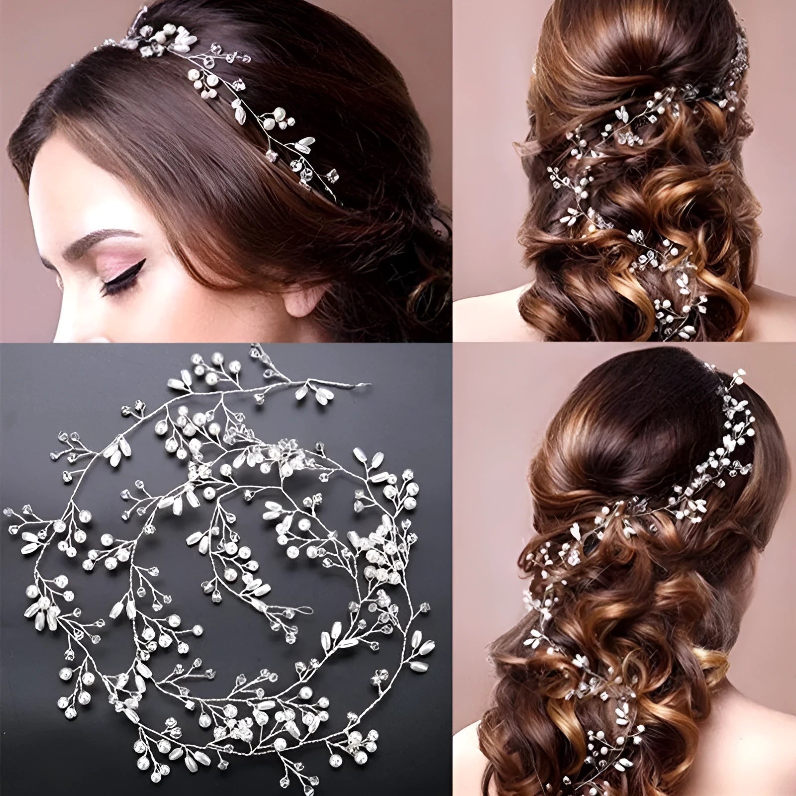 Bridal pearl hair band in silver, gold KC and rose gold colours with three length options