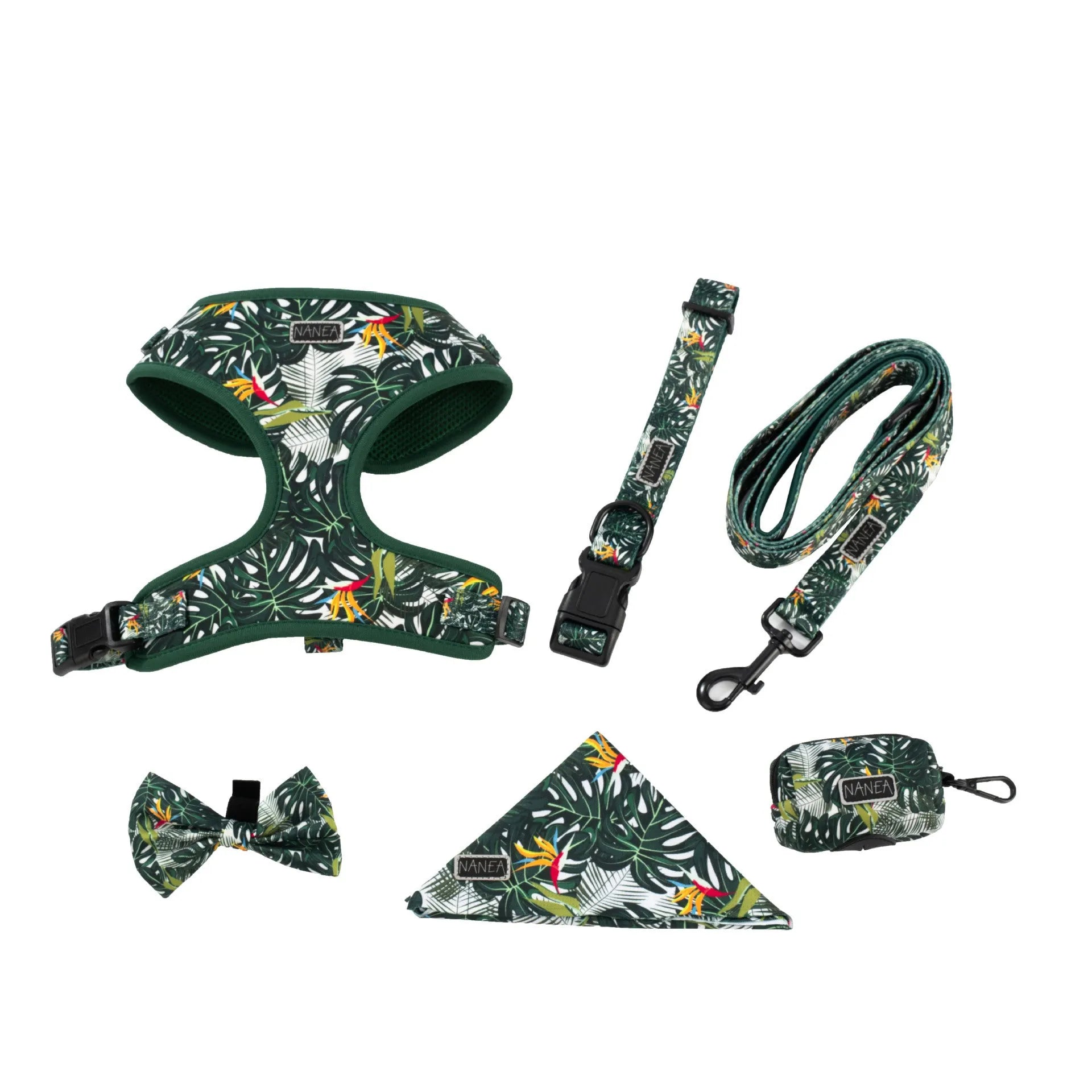 Six-piece adjustable pet harness set with haulage rope, collar, waste bag, bow tie, and triangular scarf accessories