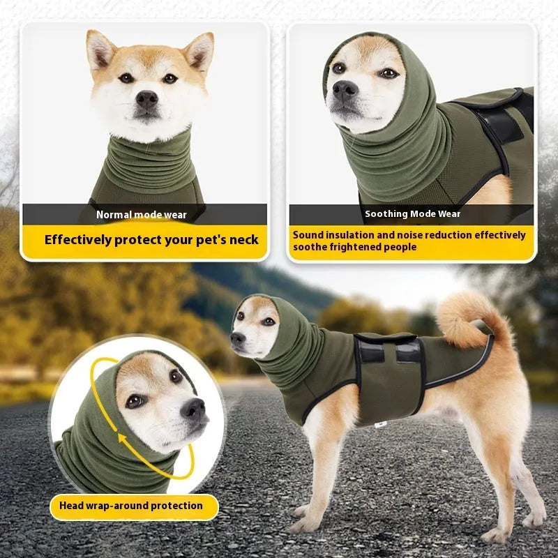 Dog wearing army green anti-anxiety calming jacket with gentle pressure wrap design