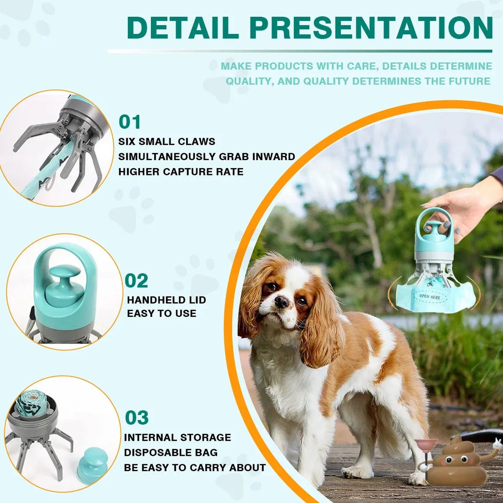 Blue portable claw dog pooper scooper with integrated garbage bag dispenser for outdoor pet waste cleanup