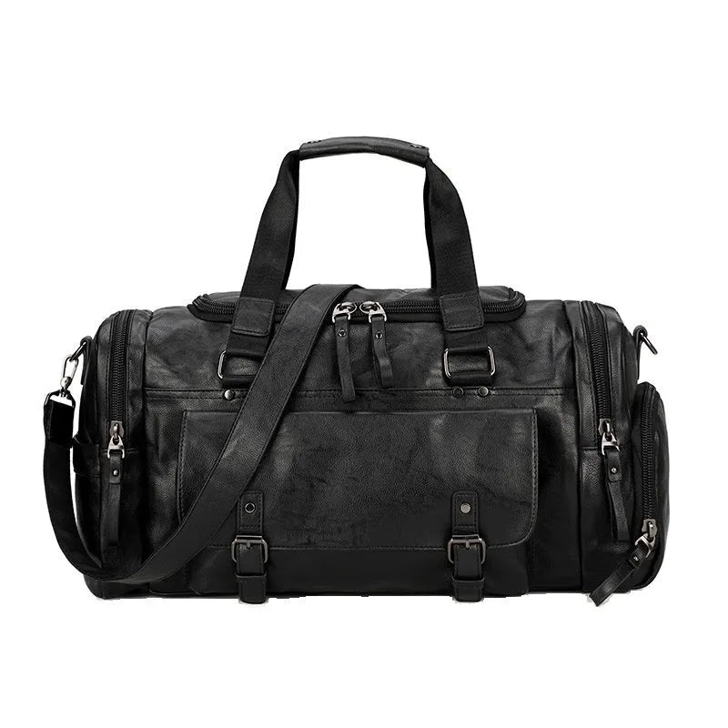 Black travel holdall bag with shoe compartment showing dimensions 52cm × 19cm × 27cm