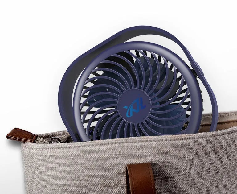 USB desk fan with alarm clock in modern simple style, showing 360-degree rotation feature.