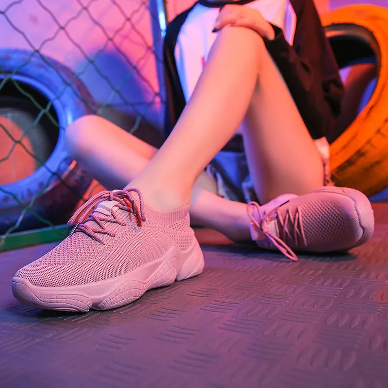 Women's white thick-soled flying woven casual sports shoes with front strap closure