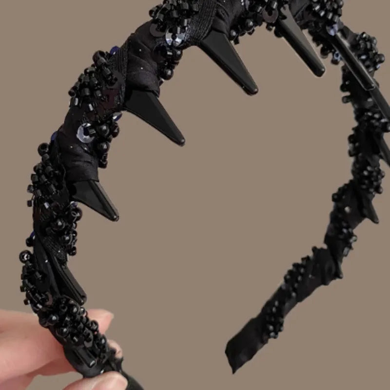 French velvet crystal hairband in wine red colour with hand-beaded details for face washing