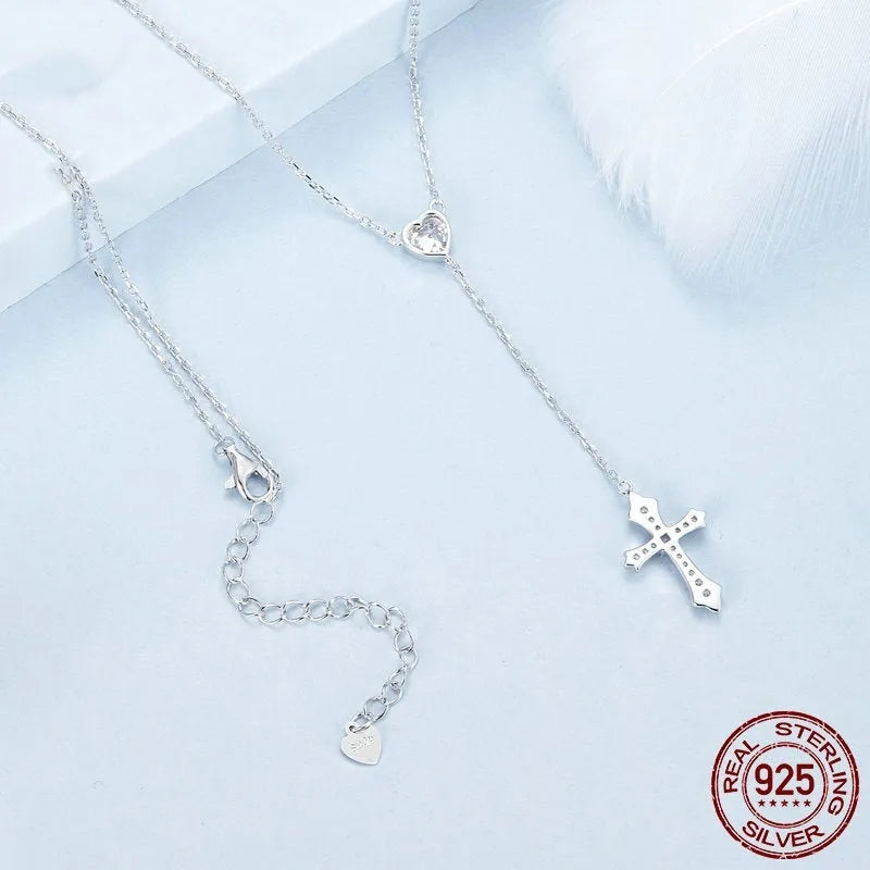 925 silver love cross necklace with V-neck pendant design on O-ring chain for women in BSN384 colour