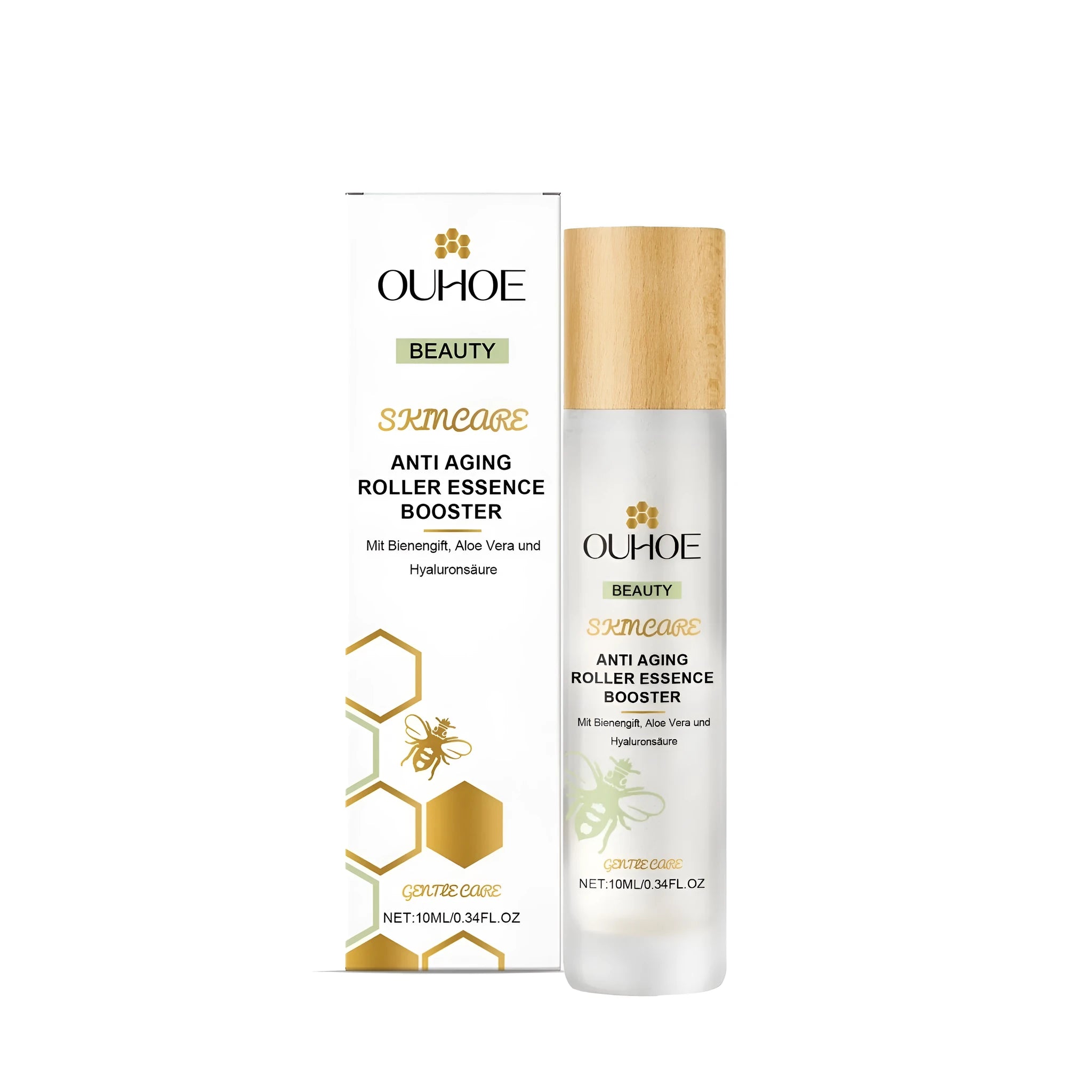 Facial roller ball massager for applying anti-aging serum with bee venom and hyaluronic acid.