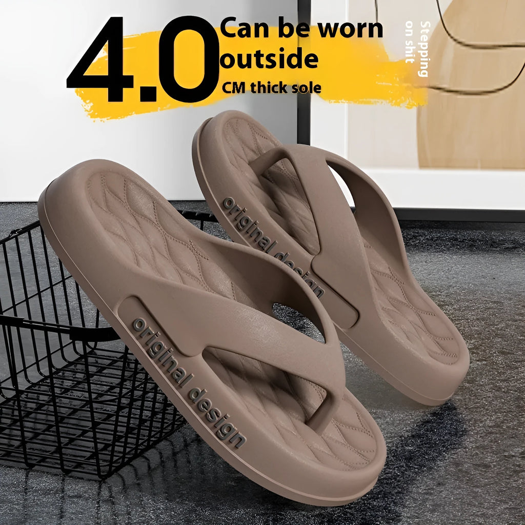Men's EVA flip flops in various colours on a beach background, showing open-toe injection moulded design.