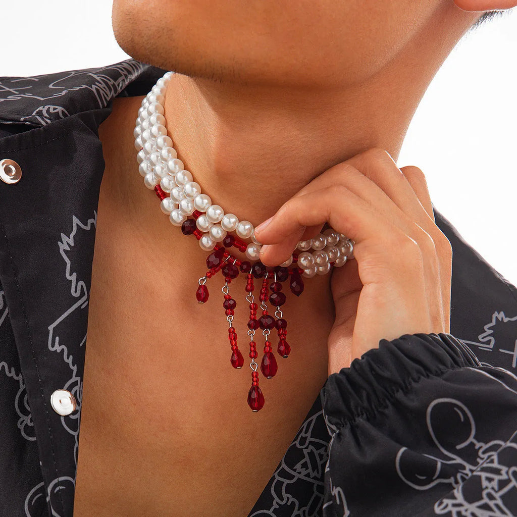 Halloween men's blood drop artificial crystal necklace with adjustable chain in red and black colour option